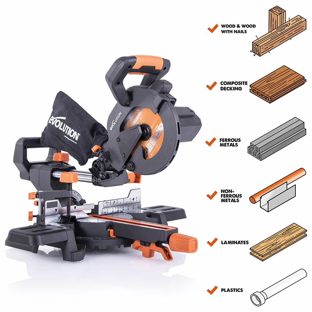 Evolution R185SMS+: Single Bevel Sliding Miter Saw With 7-1/4 in. Multi-Material Cutting Blade - Image 3